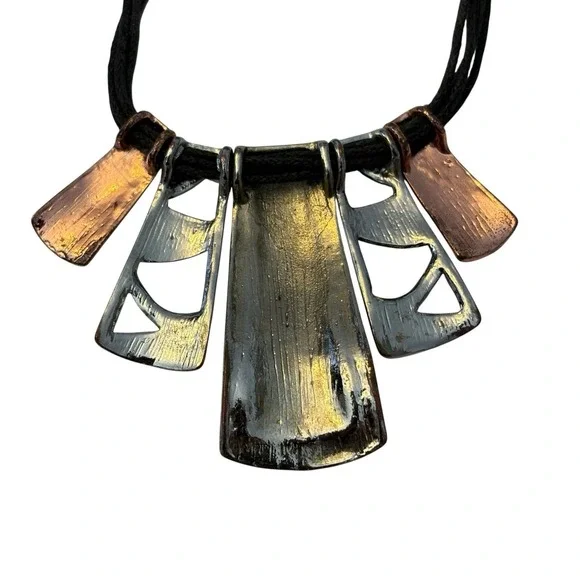 Drop Pendant Necklace Antiqued Metal Design Embossed Black‎ Multi-strand Cord - Picture 4 of 16